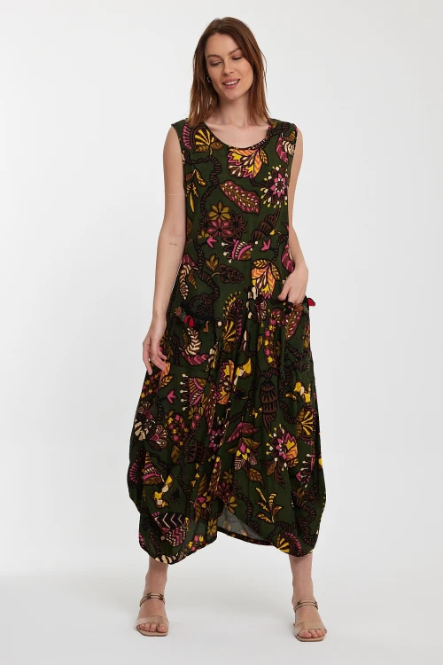 Maxi Boy Haki Bisiklet Yaka Çift Cepli Sıfır Kol Çiçek Desenli Rahat Kalıp Elbise BCVL-242014