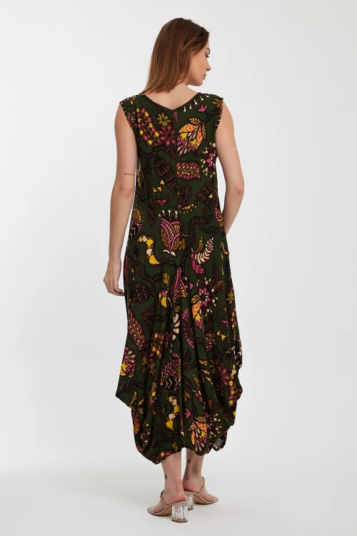 Maxi Boy Haki Bisiklet Yaka Çift Cepli Sıfır Kol Çiçek Desenli Rahat Kalıp Elbise BCVL-242014