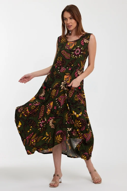 Maxi Boy Haki Bisiklet Yaka Çift Cepli Sıfır Kol Çiçek Desenli Rahat Kalıp Elbise BCVL-242014