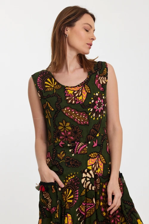 Maxi Boy Haki Bisiklet Yaka Çift Cepli Sıfır Kol Çiçek Desenli Rahat Kalıp Elbise BCVL-242014