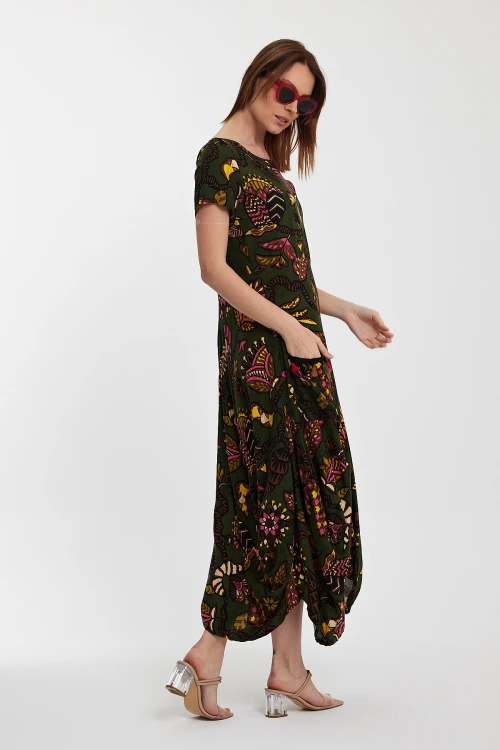 Haki Bisiklet Yaka Çift Cepli Yarım Kol Çiçek Desenli Rahat Kalıp Elbise