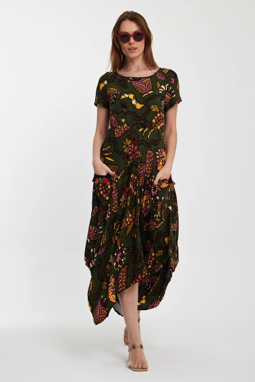 Haki Bisiklet Yaka Çift Cepli Yarım Kol Çiçek Desenli Rahat Kalıp Elbise