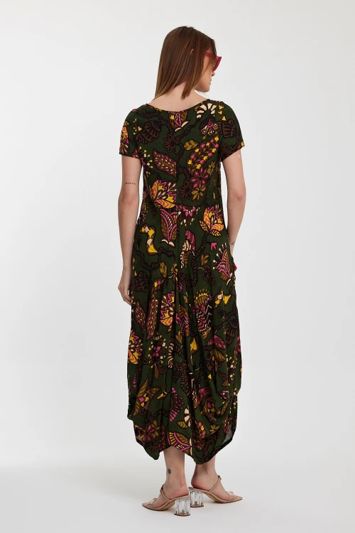 Haki Bisiklet Yaka Çift Cepli Yarım Kol Çiçek Desenli Rahat Kalıp Elbise