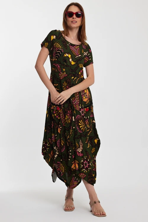 Haki Bisiklet Yaka Çift Cepli Yarım Kol Çiçek Desenli Rahat Kalıp Elbise