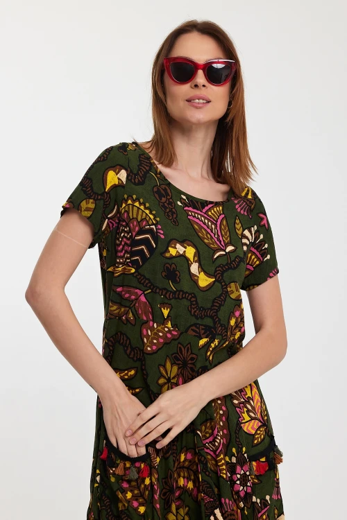 Haki Bisiklet Yaka Çift Cepli Yarım Kol Çiçek Desenli Rahat Kalıp Elbise