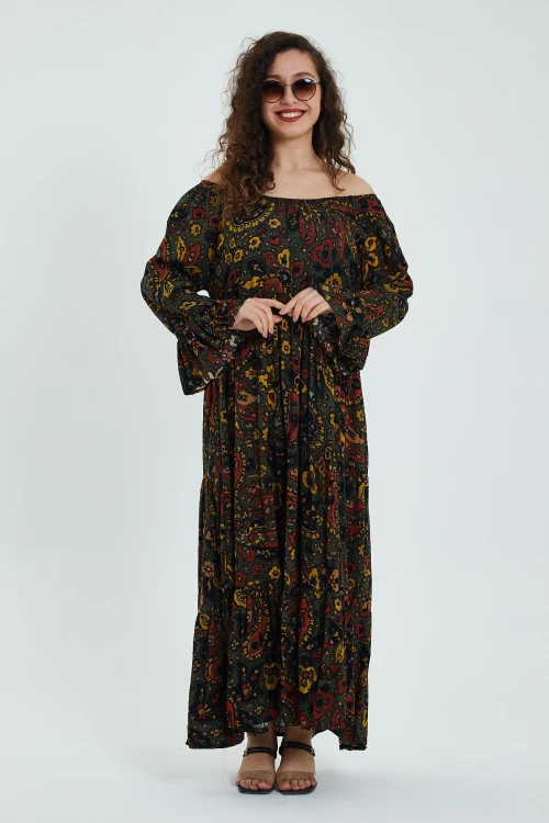 Haki Düşük Omuz Lastikli Desenli Rahat Kesim Uzun Boy Dokuma Elbise