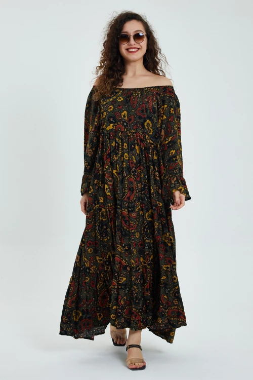 Haki Düşük Omuz Lastikli Desenli Rahat Kesim Uzun Boy Dokuma Elbise