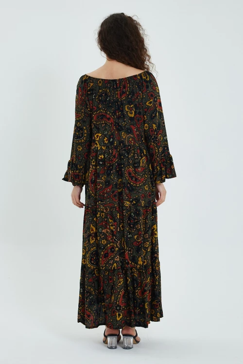 Haki Düşük Omuz Lastikli Desenli Rahat Kesim Uzun Boy Dokuma Elbise