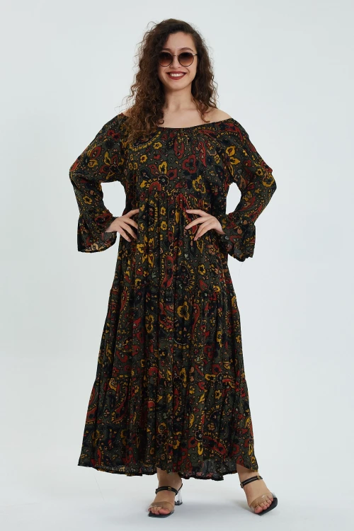 Haki Düşük Omuz Lastikli Desenli Rahat Kesim Uzun Boy Dokuma Elbise