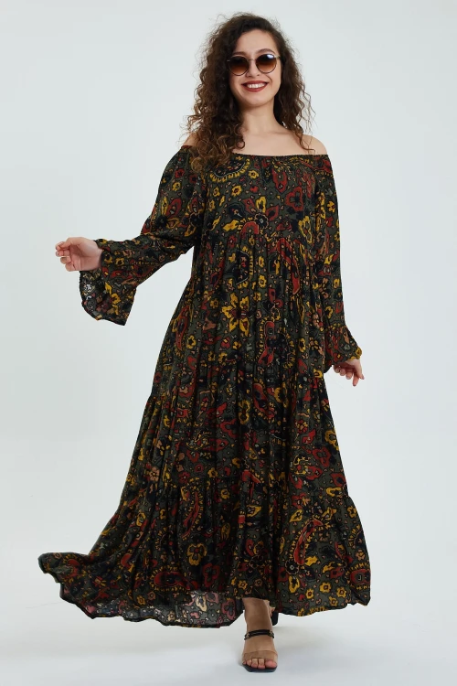 Haki Düşük Omuz Lastikli Desenli Rahat Kesim Uzun Boy Dokuma Elbise