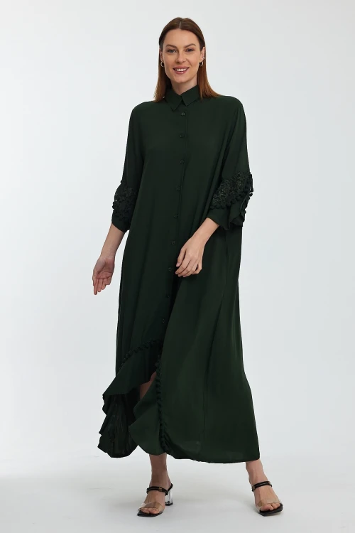 Maxi Boy Haki Hakim Yaka Güpür Detaylı Uzun Boy Dokuma Gömlek Elbise BCVL-24S50