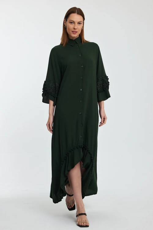 Maxi Boy Haki Hakim Yaka Güpür Detaylı Uzun Boy Dokuma Gömlek Elbise BCVL-24S50