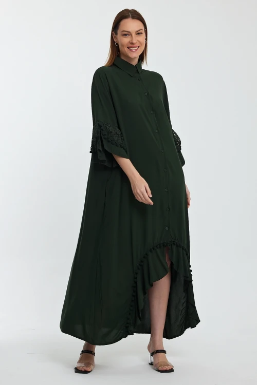 Maxi Boy Haki Hakim Yaka Güpür Detaylı Uzun Boy Dokuma Gömlek Elbise BCVL-24S50