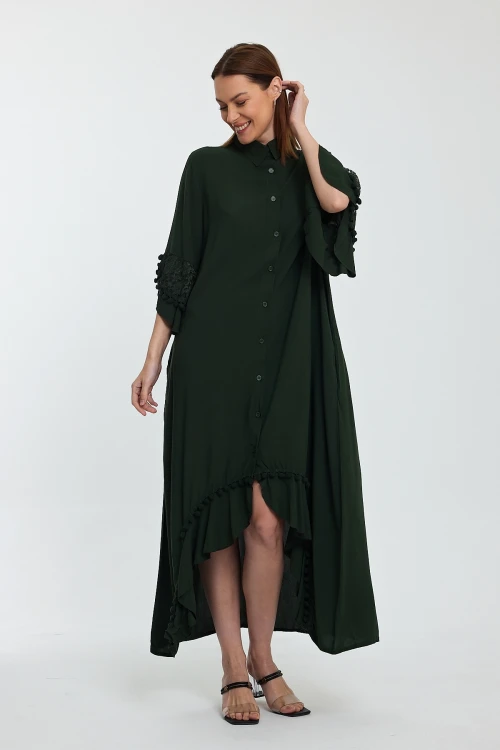 Maxi Boy Haki Hakim Yaka Güpür Detaylı Uzun Boy Dokuma Gömlek Elbise BCVL-24S50