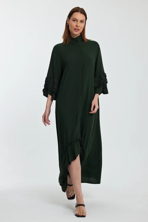Maxi Boy Haki Hakim Yaka Güpür Detaylı Uzun Boy Dokuma Gömlek Elbise BCVL-24S50