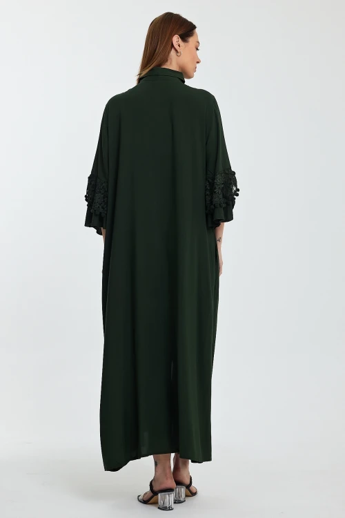 Maxi Boy Haki Hakim Yaka Güpür Detaylı Uzun Boy Dokuma Gömlek Elbise BCVL-24S50