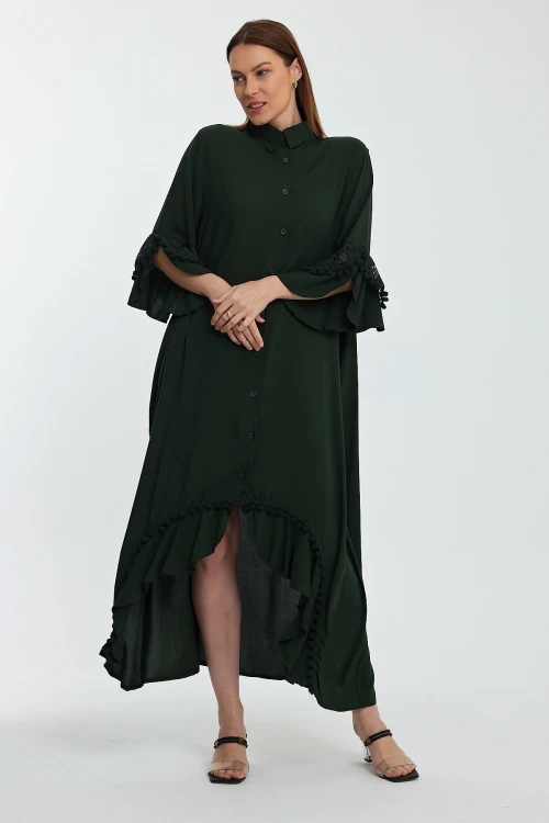 Maxi Boy Haki Hakim Yaka Güpür Detaylı Uzun Boy Dokuma Gömlek Elbise BCVL-24S50