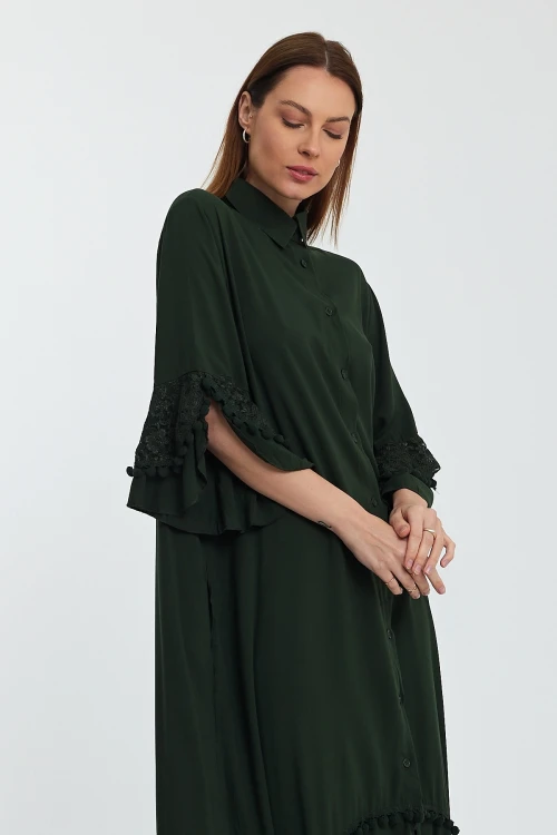 Maxi Boy Haki Hakim Yaka Güpür Detaylı Uzun Boy Dokuma Gömlek Elbise BCVL-24S50