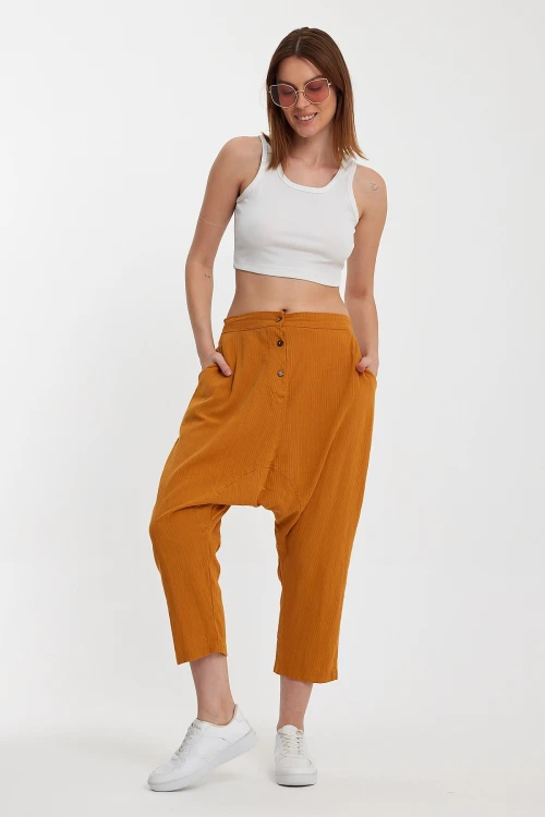 Maxi Boy Hardal Çift Cepli Düğme Detaylı Düşük Ağ Şalvar Pantolon BCVL-245326