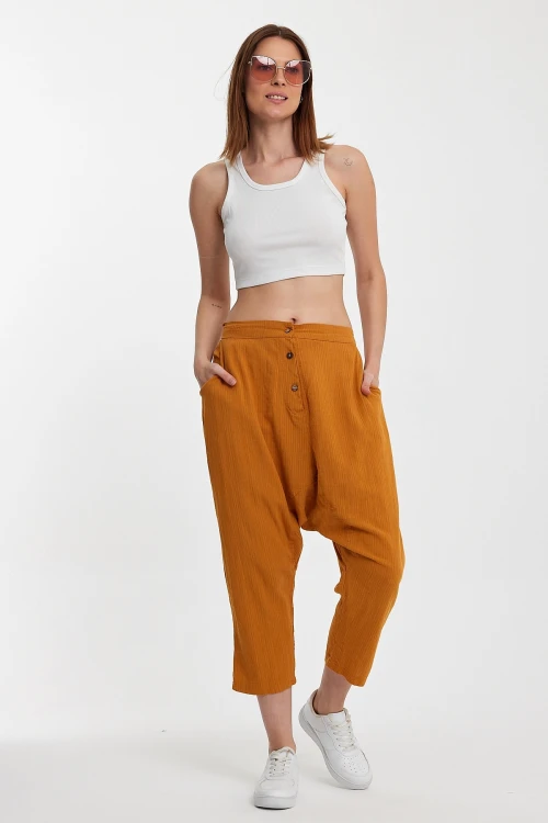 Maxi Boy Hardal Çift Cepli Düğme Detaylı Düşük Ağ Şalvar Pantolon BCVL-245326