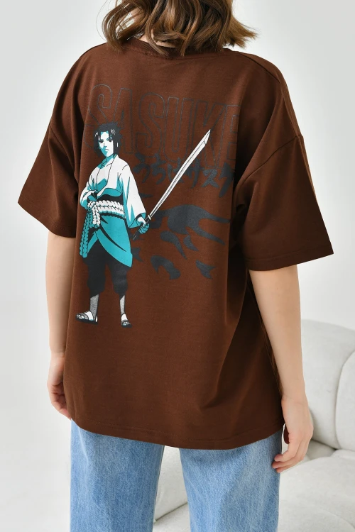 Kahverengi Bisiklet Yaka İki İplik Sırtı Baskılı Oversize T-Shirt BC241126