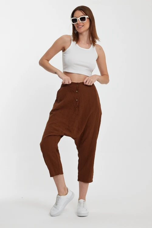 Maxi Boy Kahverengi Çift Cepli Düğme Detaylı Düşük Ağ Şalvar Pantolon BCVL-245326