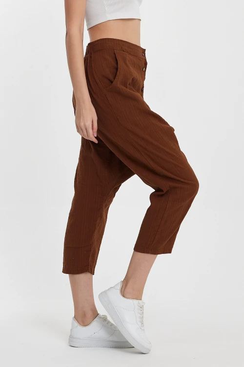 Maxi Boy Kahverengi Çift Cepli Düğme Detaylı Düşük Ağ Şalvar Pantolon BCVL-245326