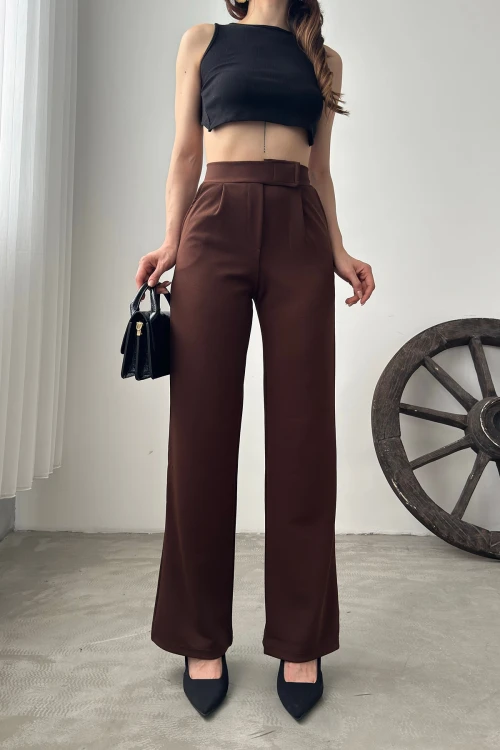 Kahverengi Yüksek Bel Pileli Palazzo Pantolon BCDF-24CH1109