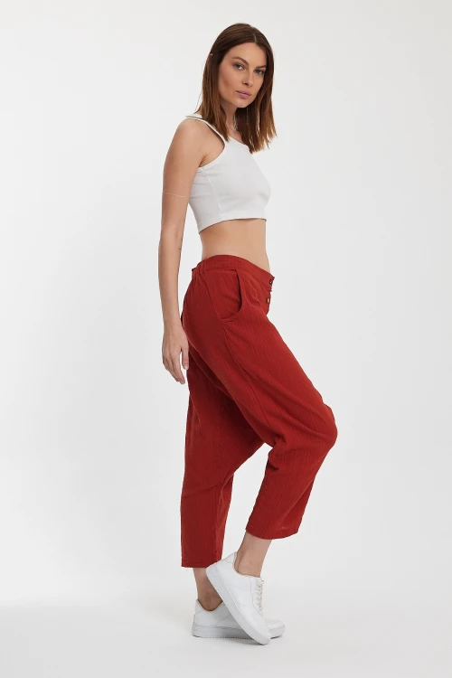 Kiremit Çift Cepli Düğme Detaylı Düşük Ağ Şalvar Pantolon