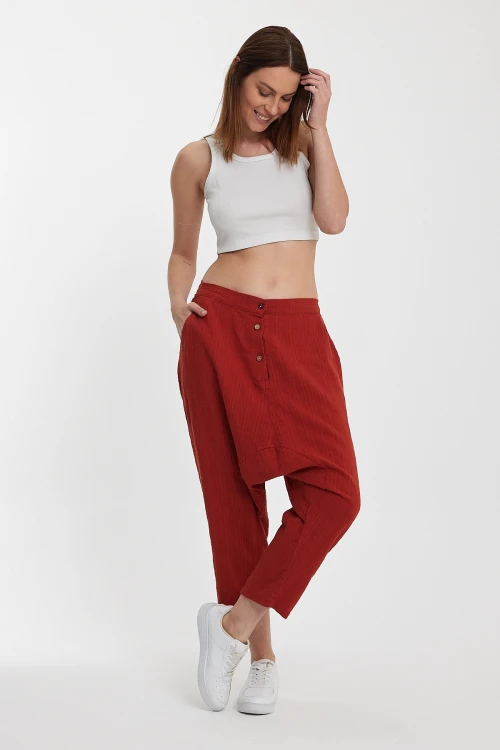 Kiremit Çift Cepli Düğme Detaylı Düşük Ağ Şalvar Pantolon