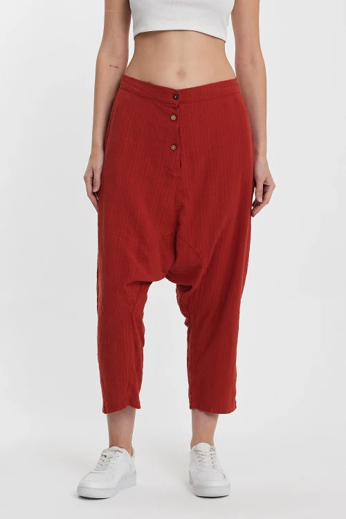 Kiremit Çift Cepli Düğme Detaylı Düşük Ağ Şalvar Pantolon