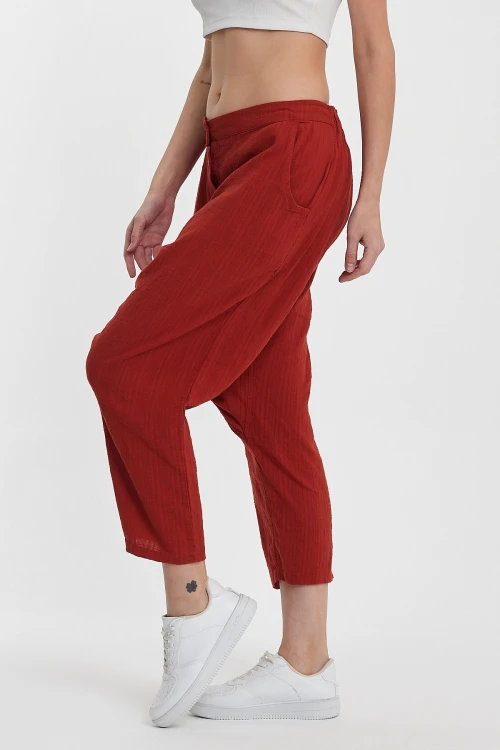 Kiremit Çift Cepli Düğme Detaylı Düşük Ağ Şalvar Pantolon