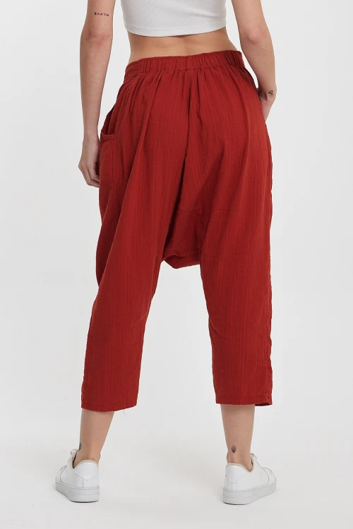 Kiremit Çift Cepli Düğme Detaylı Düşük Ağ Şalvar Pantolon