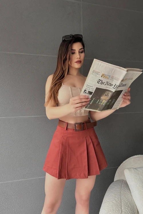 Kiremit Kendinden Kemerli Pileli Şortlu Etek