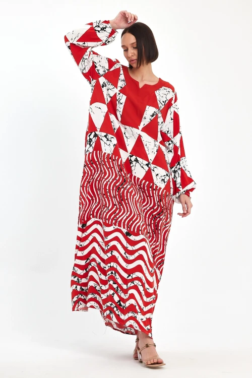 Maxi Boy Kırmızı Geometrik Desenli Bisiklet Yaka Uzun Boy Salaş Kesim Dokuma Elbise BCVL-241058