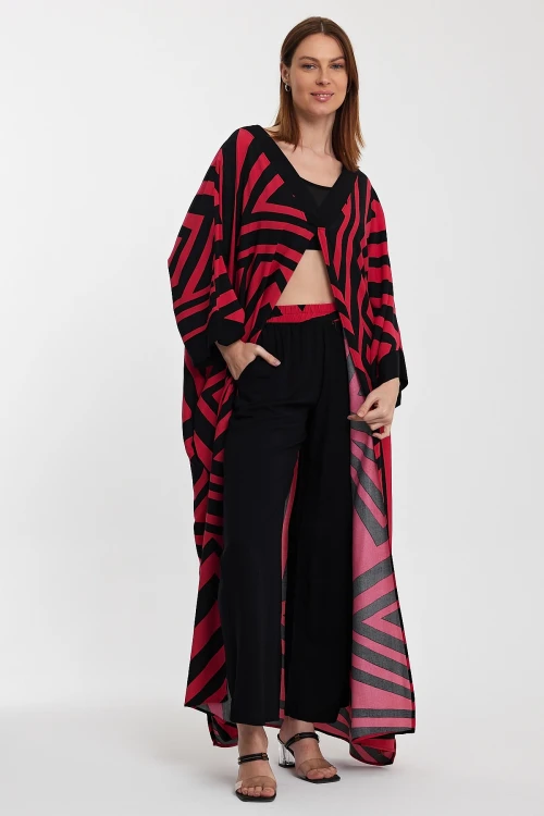 Maxi Boy Kırmızı Geometrik Desenli Pantolon Ve Uzun Kimono Ceket Alt Üst Takım BCVL-241015