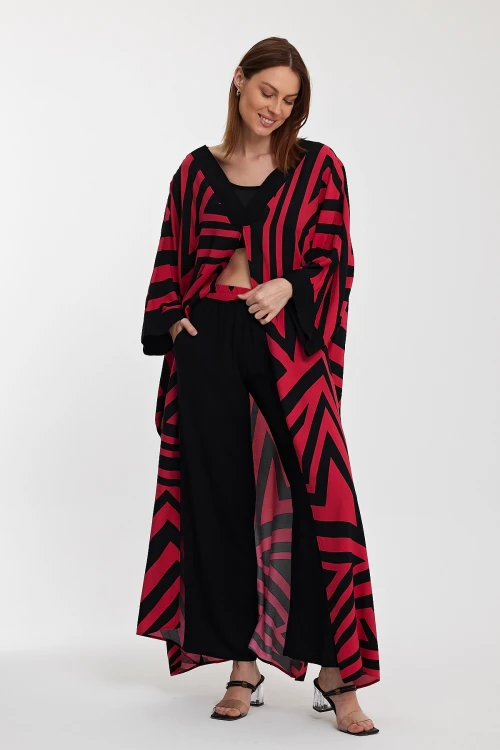 Maxi Boy Kırmızı Geometrik Desenli Pantolon Ve Uzun Kimono Ceket Alt Üst Takım BCVL-241015