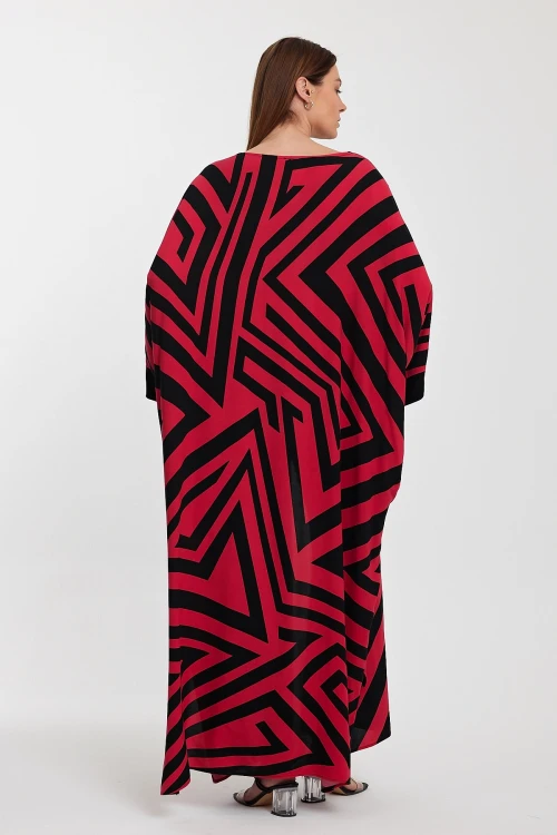 Maxi Boy Kırmızı Geometrik Desenli Pantolon Ve Uzun Kimono Ceket Alt Üst Takım BCVL-241015