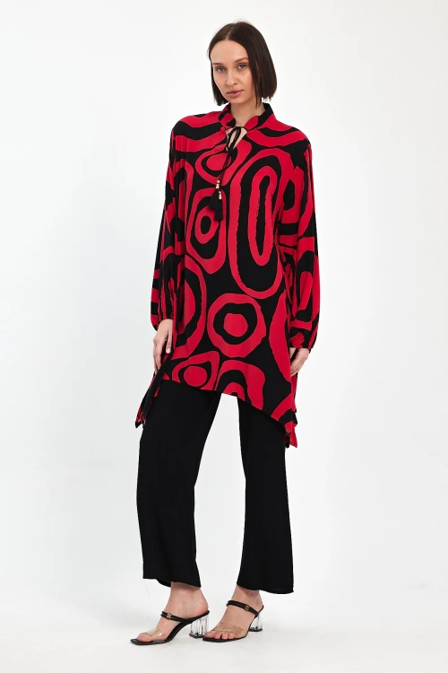 Maxi Boy Kırmızı Geometrik Desenli Pantolon Ve Uzun Tunik Alt Üst Takım BCVL-241017