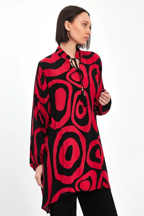 Maxi Boy Kırmızı Geometrik Desenli Pantolon Ve Uzun Tunik Alt Üst Takım BCVL-241017