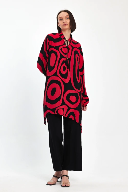 Maxi Boy Kırmızı Geometrik Desenli Pantolon Ve Uzun Tunik Alt Üst Takım BCVL-241017