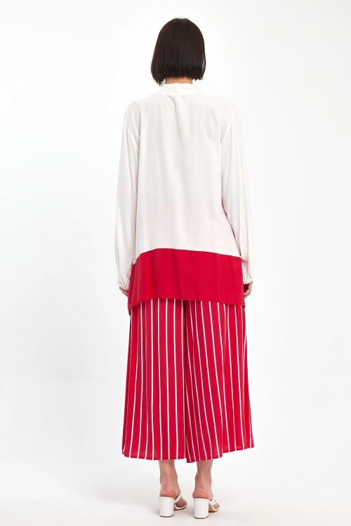 Maxi Boy Kırmızı Renk Bloklu Çizgili Pantolon Ve Uzun Tunik Alt Üst Takım BCVL-241021