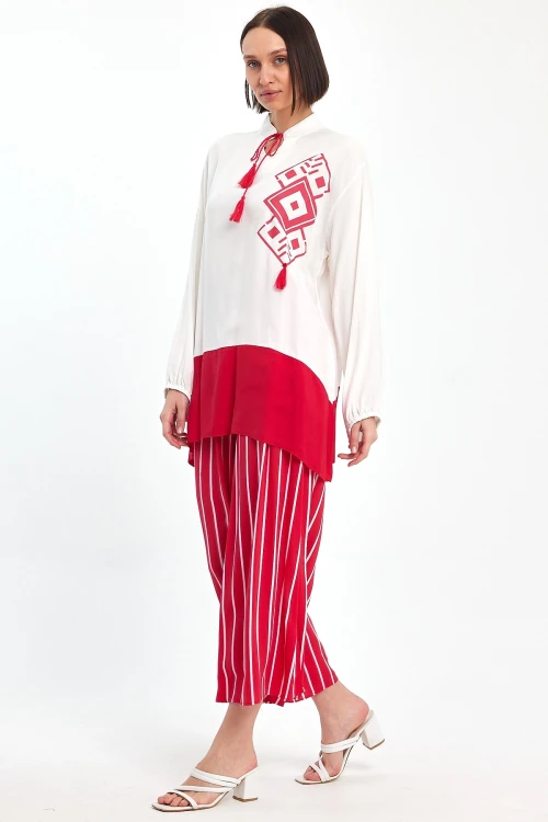 Maxi Boy Kırmızı Renk Bloklu Çizgili Pantolon Ve Uzun Tunik Alt Üst Takım BCVL-241021