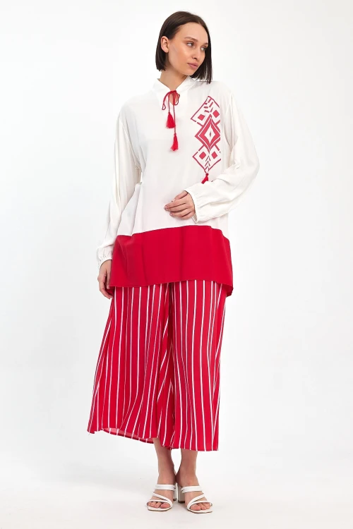 Maxi Boy Kırmızı Renk Bloklu Çizgili Pantolon Ve Uzun Tunik Alt Üst Takım BCVL-241021