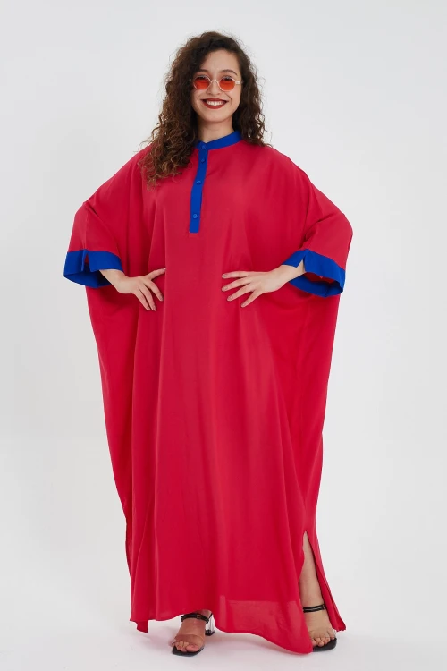 Maxi Boy Kırmızı Renk Bloklu Uzun Boy Salaş Dokuma Elbise BCVL-24949