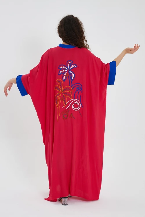 Maxi Boy Kırmızı Renk Bloklu Uzun Boy Salaş Dokuma Elbise BCVL-24949