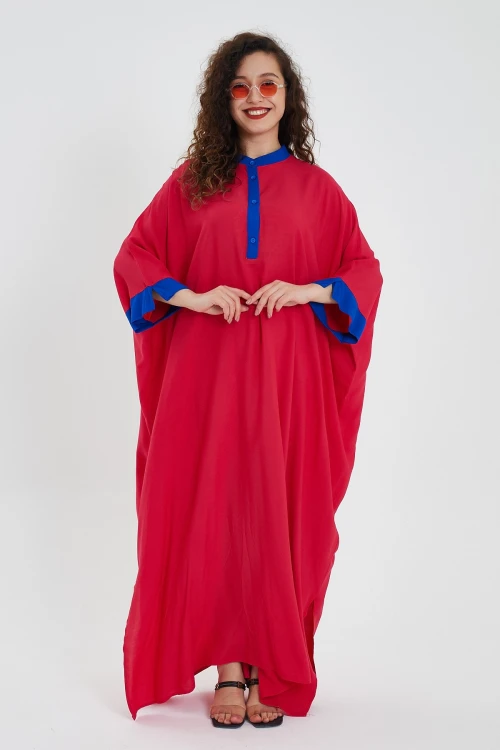 Maxi Boy Kırmızı Renk Bloklu Uzun Boy Salaş Dokuma Elbise BCVL-24949