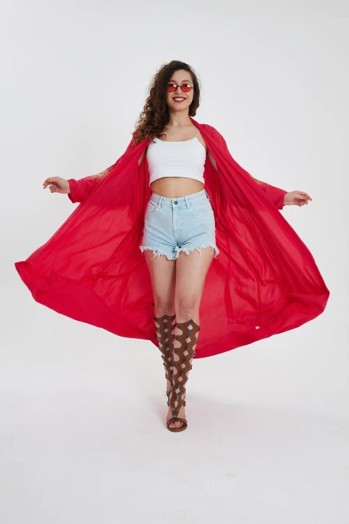 Maxi Boy Kırmızı Sırtı Ve Kolları Nakışlı Kemer Bağlamalı Uzun Kimono Ceket BCVL-24911