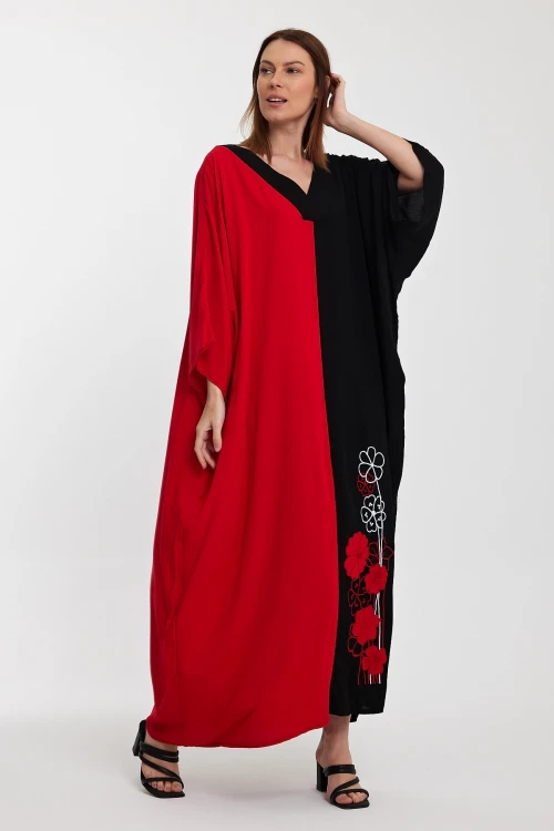 Maxi Boy Kırmızı V Yaka Nakış İşlemeli Renk Bloklu Uzun Boy Gömlek Elbise BCVL-24958