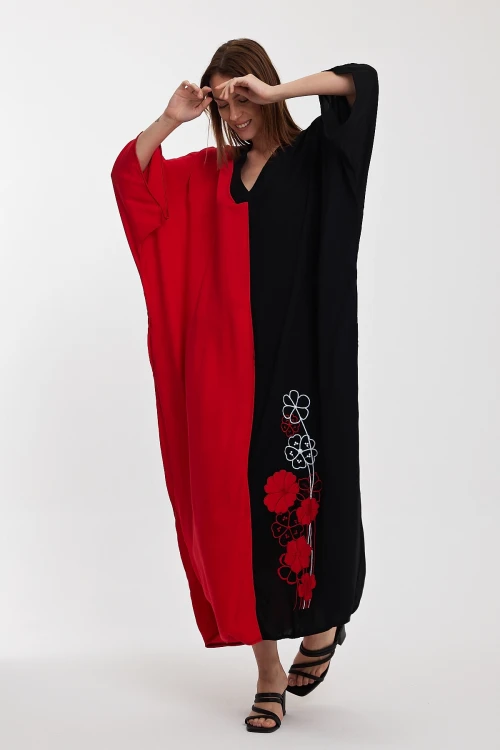 Maxi Boy Kırmızı V Yaka Nakış İşlemeli Renk Bloklu Uzun Boy Gömlek Elbise BCVL-24958